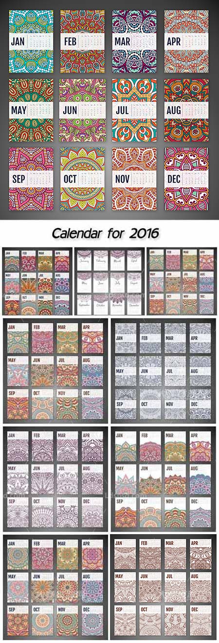 Calendar for 2016 with floral ornament,10套花卉底纹的2016年挂历/日历模板
